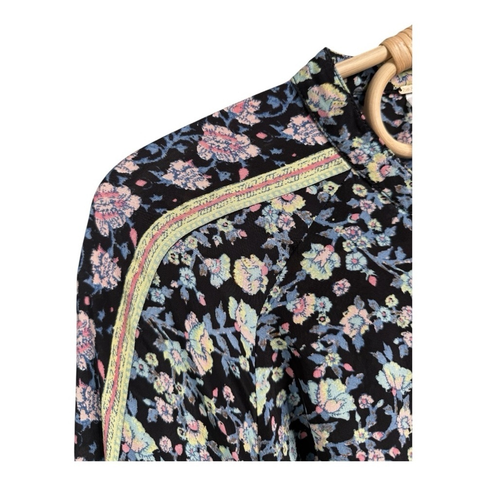 Free People Skyway Floral Drive in Boho Blouse Sash Tie Belt Black Blue Small - Picture 7 of 15